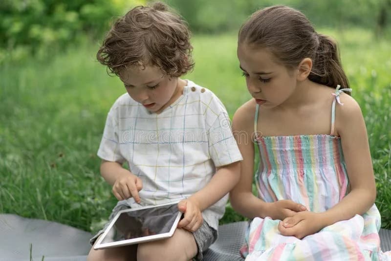 Children learning with tablets outdoors